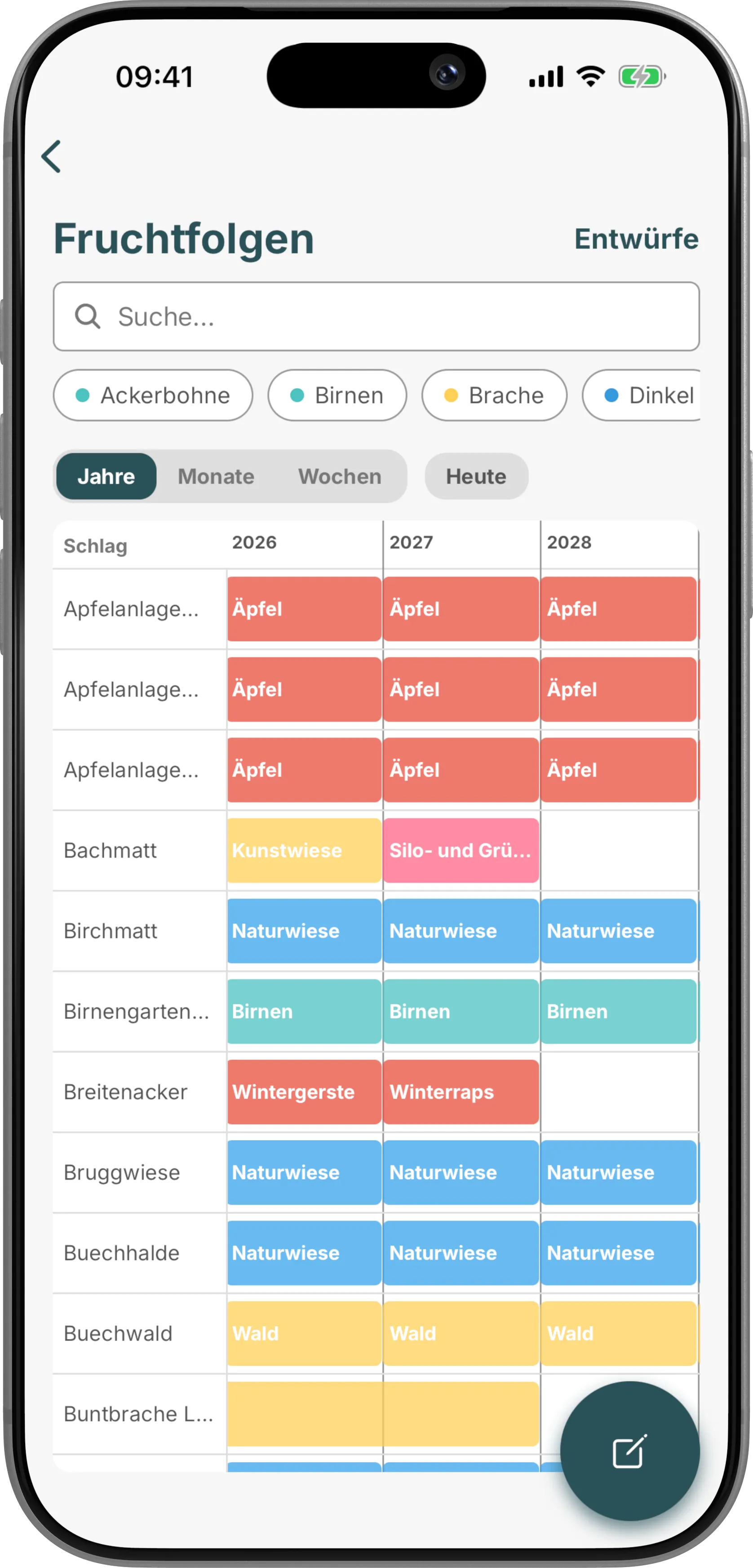Fruchtfolgeplanung in der Coltivio-App, Kulturen über mehrere Jahre im Kalender.
