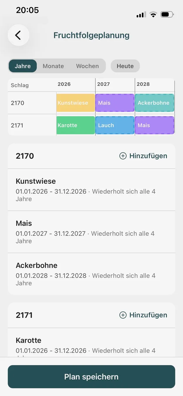 Fruchtfolgeplanung in der Coltivio-App, Kulturen über mehrere Jahre im Kalender.