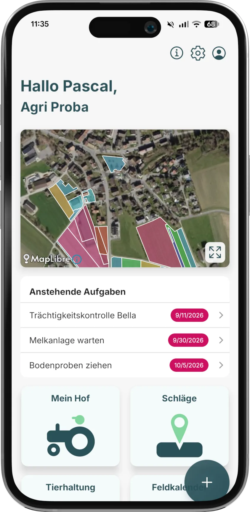 Coltivio su uno smartphone: schermata iniziale con la mappa aziendale e le scorciatoie.