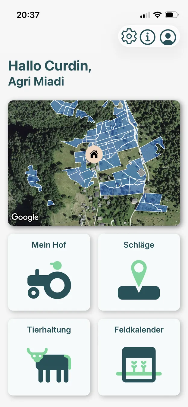 Coltivio auf einem Smartphone: Startseite mit Betriebskarte und Schnellzugriffen.